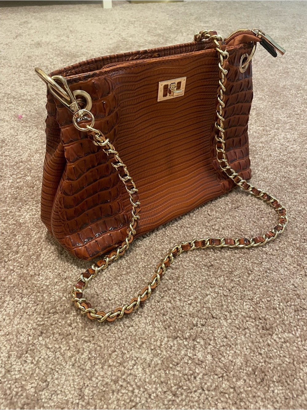 Tan Croc-Texture Chain Shoulder Bag